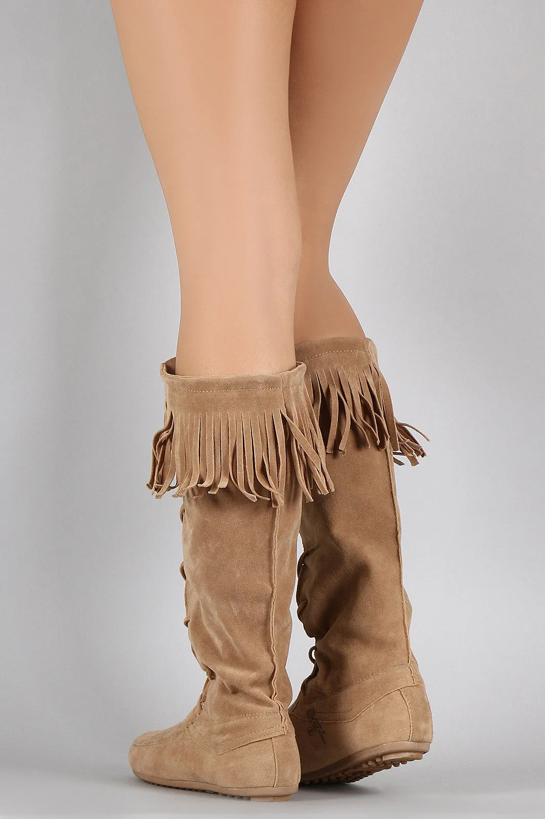 Moccasin Vegan Lace Up Professional assistance VIP offer Fringe Suede Cuff Boots