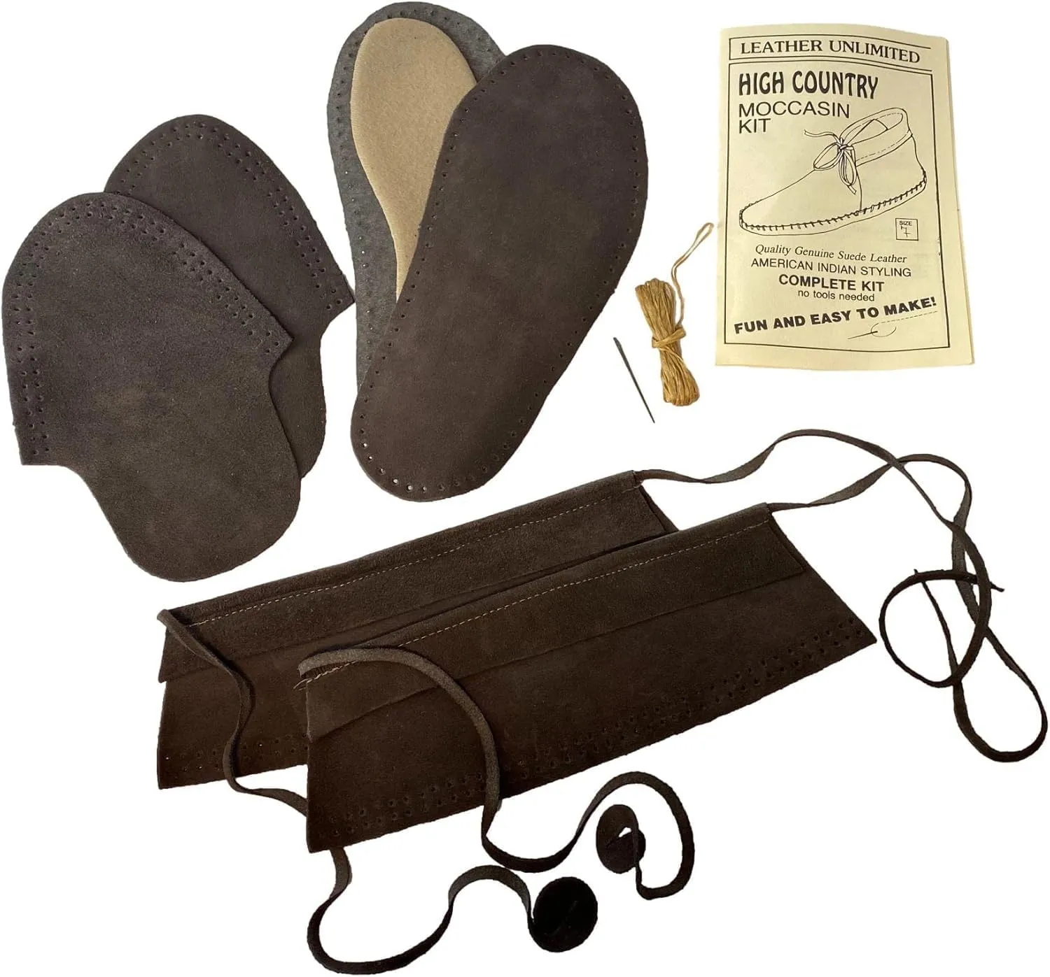Moccasins Making Kit - Handmade Moccasins Kit - DIY Leather Moccasin Craft Project - Miscellaneous Brown or Tan Colors (Men's 10 / Women's 12 - Suede)