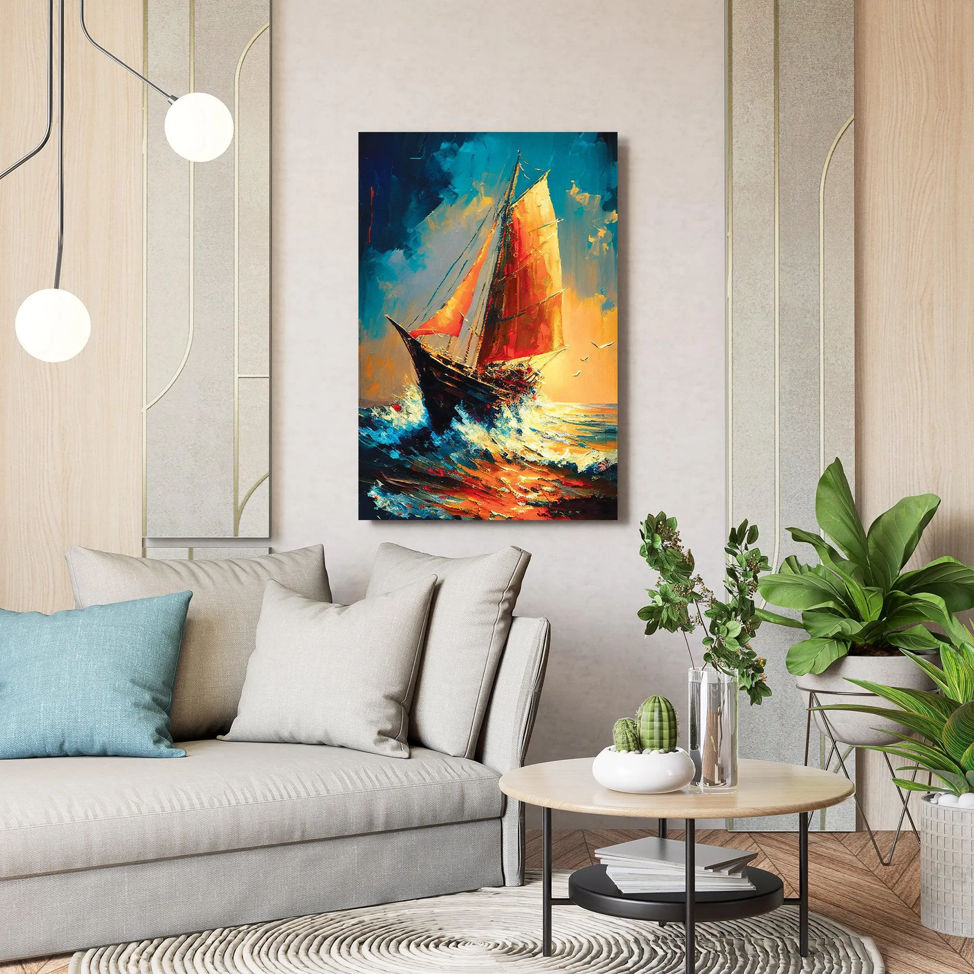 Modern Sailboats in Wild Ocean Canvas Painting - Modern Boat Sailing in Sea Canvas Art