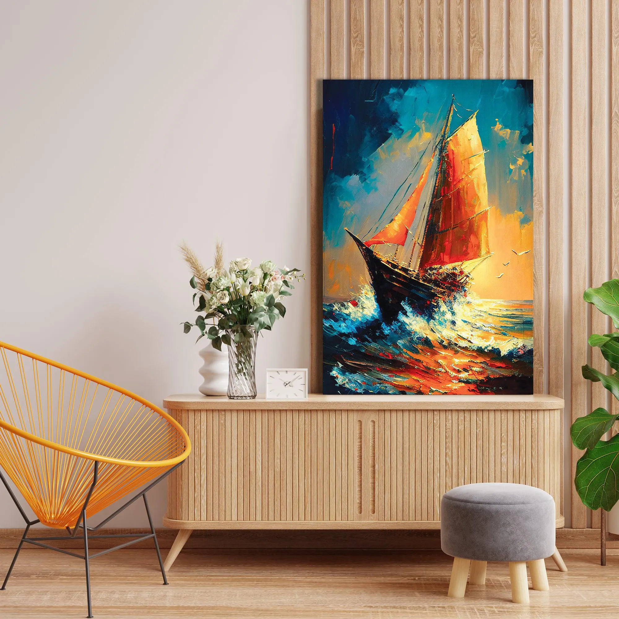 Modern Sailboats in Wild Ocean Canvas Painting - Modern Boat Sailing in Sea Canvas Art