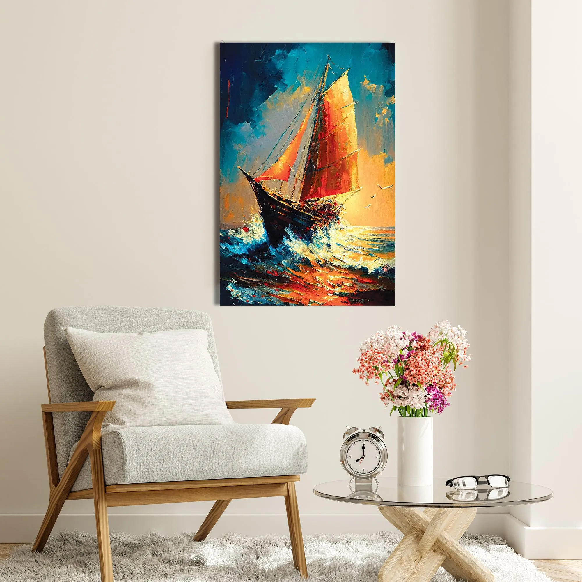 Modern Sailboats in Wild Ocean Canvas Painting - Modern Boat Sailing in Sea Canvas Art