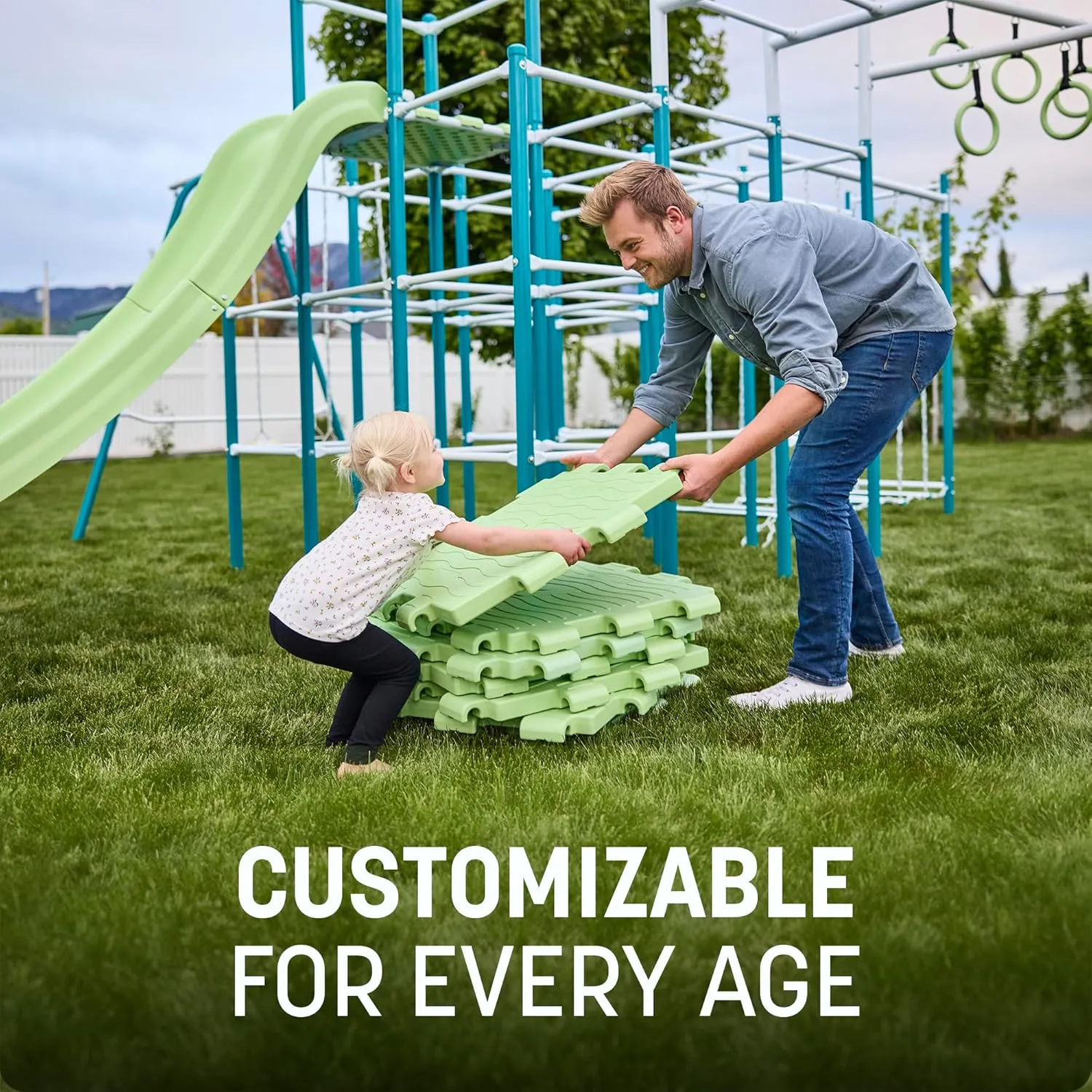 Modular Jungle Gym Set for Kids by ACTIVPLAY, Outdoor Playset, Swing, Slide, Monkey Bars, Hanging Bridge, Rust Resistant, Adjustable Platforms with Safety Grooves, Heavy Duty Metal Frame