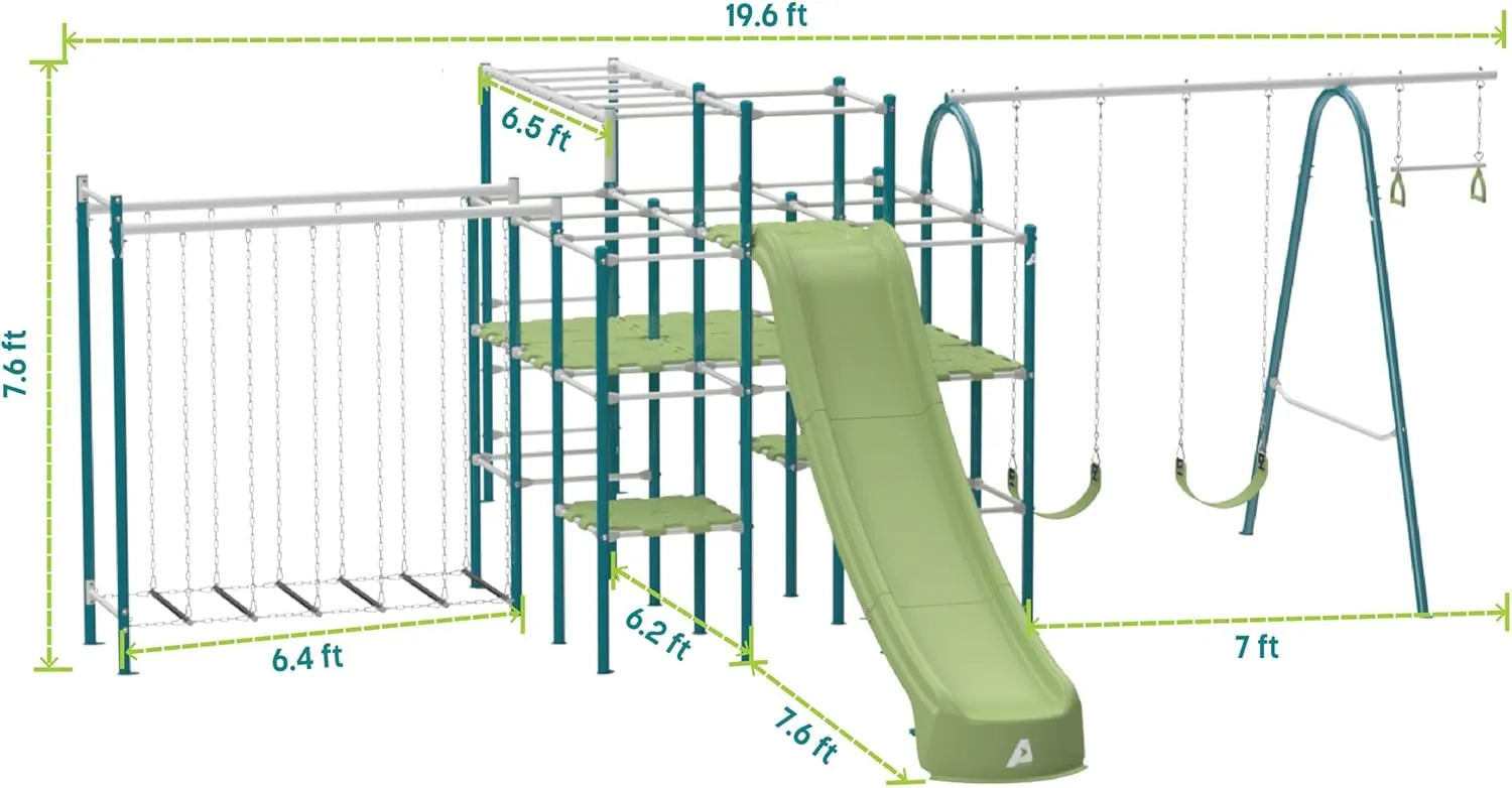 Modular Jungle Gym Set for Kids by ACTIVPLAY, Outdoor Playset, Swing, Slide, Monkey Bars, Hanging Bridge, Rust Resistant, Adjustable Platforms with Safety Grooves, Heavy Duty Metal Frame
