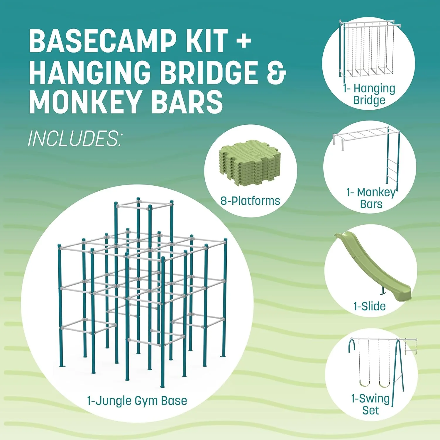 Modular Jungle Gym Set for Kids by ACTIVPLAY, Outdoor Playset, Swing, Slide, Monkey Bars, Hanging Bridge, Rust Resistant, Adjustable Platforms with Safety Grooves, Heavy Duty Metal Frame