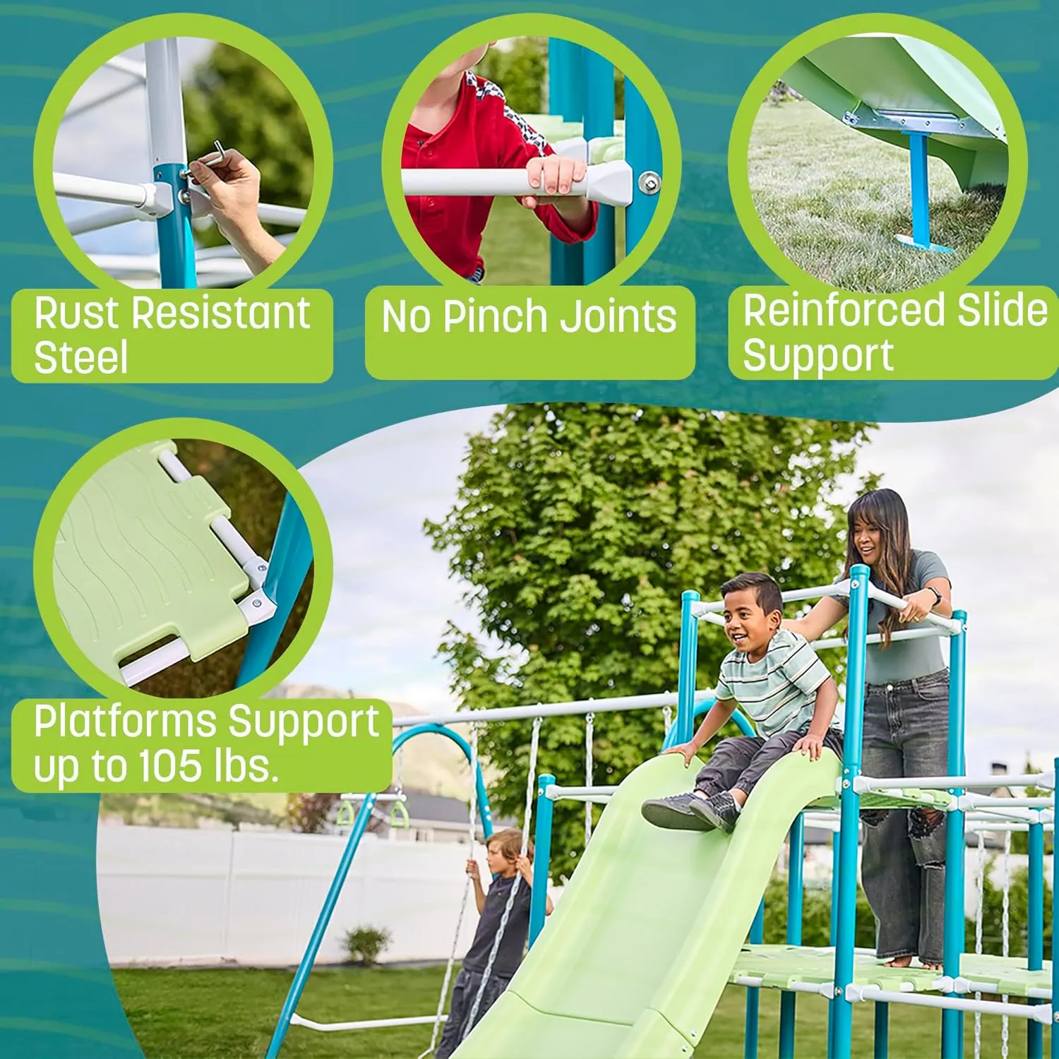 Modular Jungle Gym Set for Kids by ACTIVPLAY, Outdoor Playset, Swing, Slide, Monkey Bars, Hanging Bridge, Rust Resistant, Adjustable Platforms with Safety Grooves, Heavy Duty Metal Frame