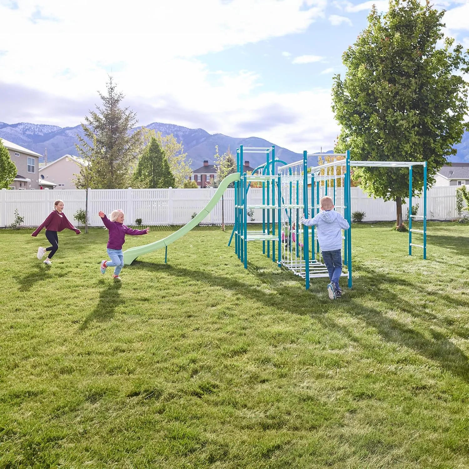 Modular Jungle Gym Set for Kids by ACTIVPLAY, Outdoor Playset, Swing, Slide, Monkey Bars, Hanging Bridge, Rust Resistant, Adjustable Platforms with Safety Grooves, Heavy Duty Metal Frame
