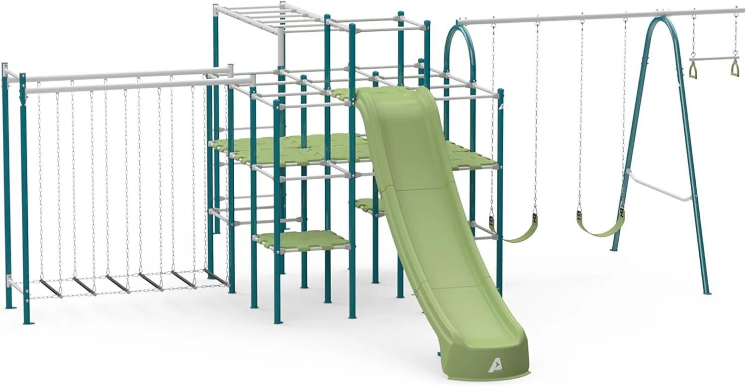 Modular Jungle Gym Set for Kids by ACTIVPLAY, Outdoor Playset, Swing, Slide, Monkey Bars, Hanging Bridge, Rust Resistant, Adjustable Platforms with Safety Grooves, Heavy Duty Metal Frame
