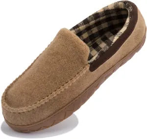 NewDenBer Men's Moccasin Slippers Warm Memory Foam Felted Wool Plush Shearling Lined Slip on Indoor Outdoor House Shoes