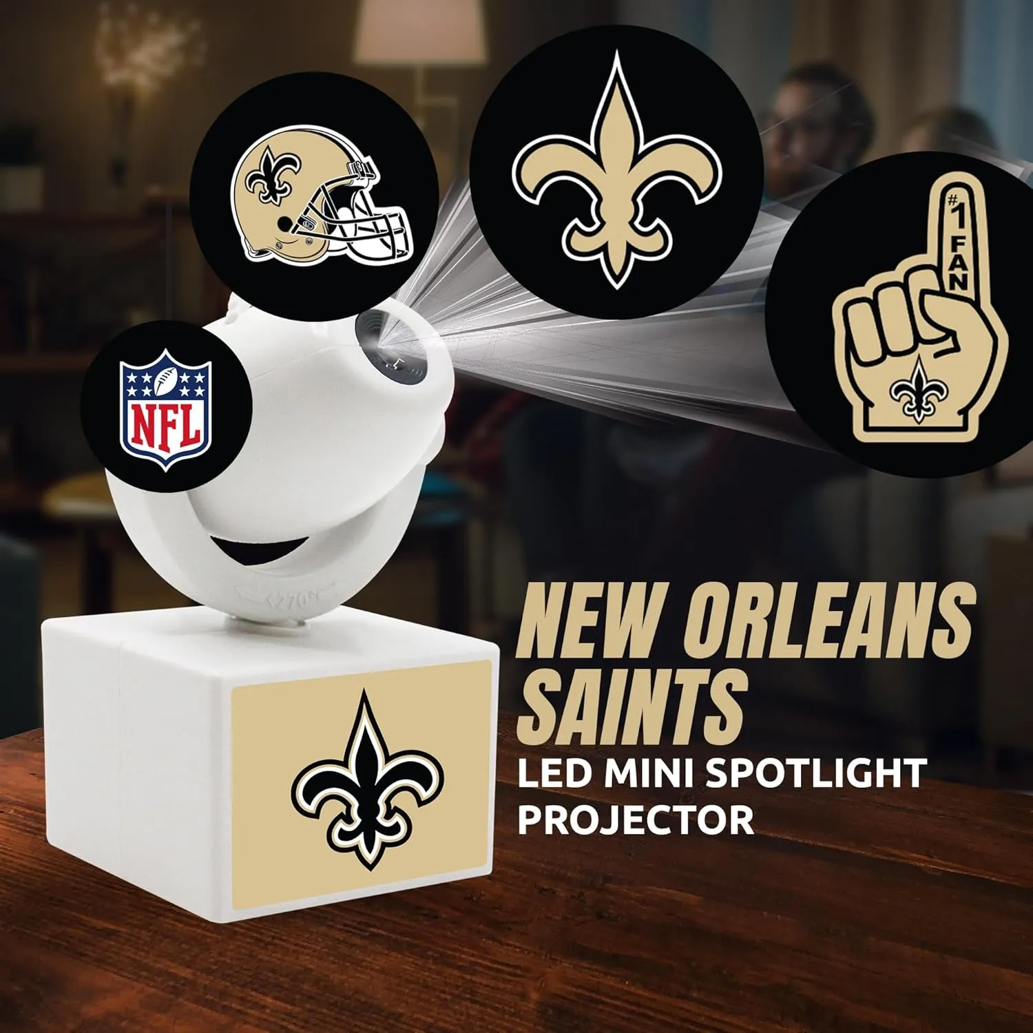 NFL American Football New Orleans Saints - Adjustable Led Mini Spotlight Projector with 6 Team Logo Designs - Portable & Rechargeable Spotlight - Battery-Operated - 4.375” x 3.125”