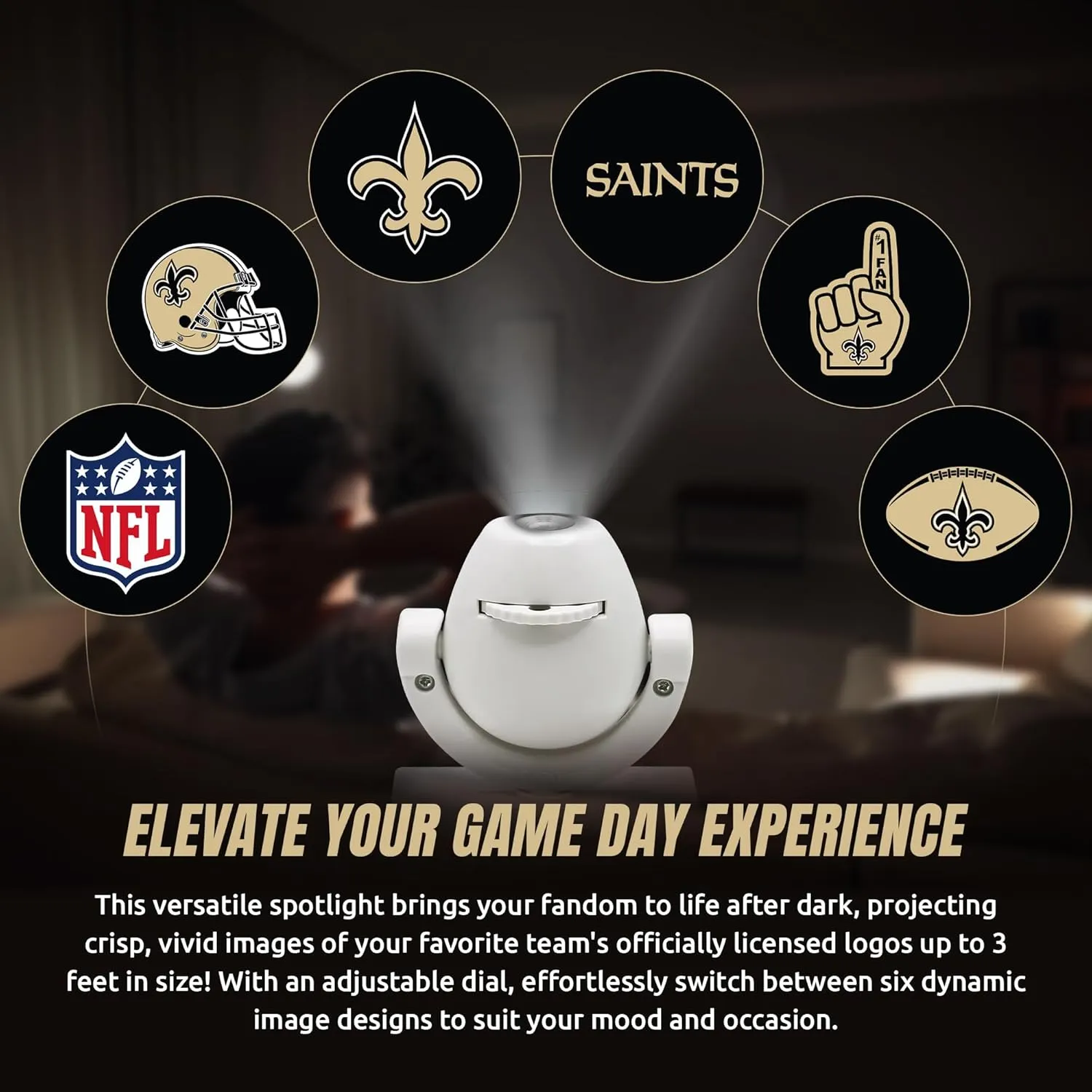 NFL American Football New Orleans Saints - Adjustable Led Mini Spotlight Projector with 6 Team Logo Designs - Portable & Rechargeable Spotlight - Battery-Operated - 4.375” x 3.125”