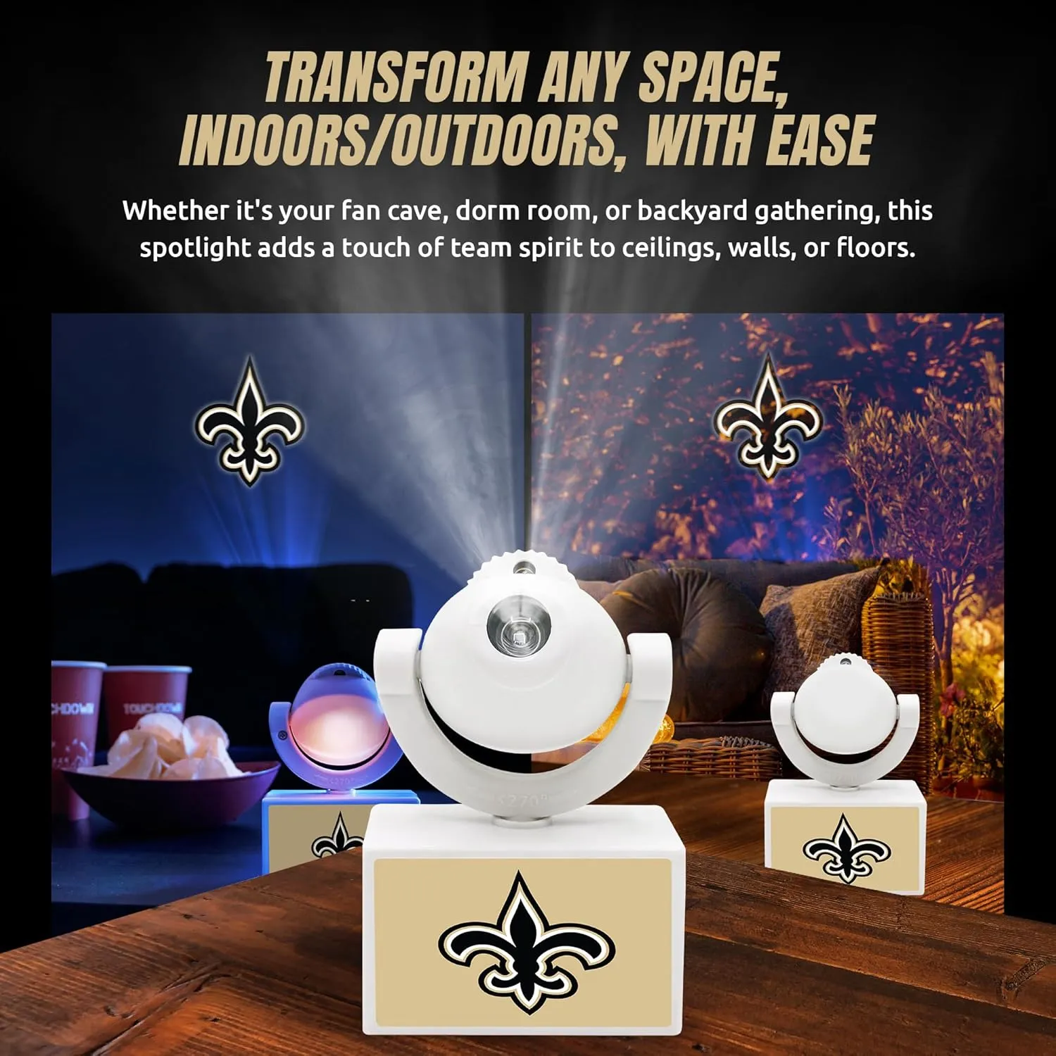 NFL American Football New Orleans Saints - Adjustable Led Mini Spotlight Projector with 6 Team Logo Designs - Portable & Rechargeable Spotlight - Battery-Operated - 4.375” x 3.125”