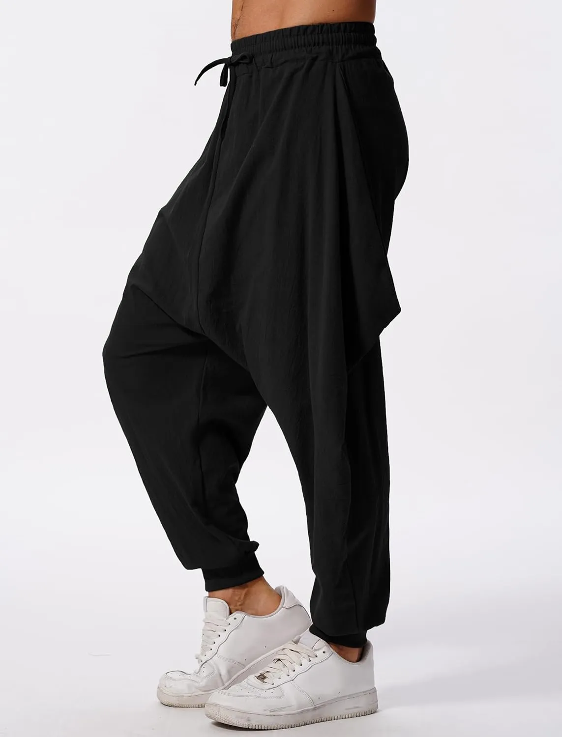 ODIZLI Men Leggings Retro Casual Fashion Design Loose Baggy Harem Pants with Pockets Trousers
