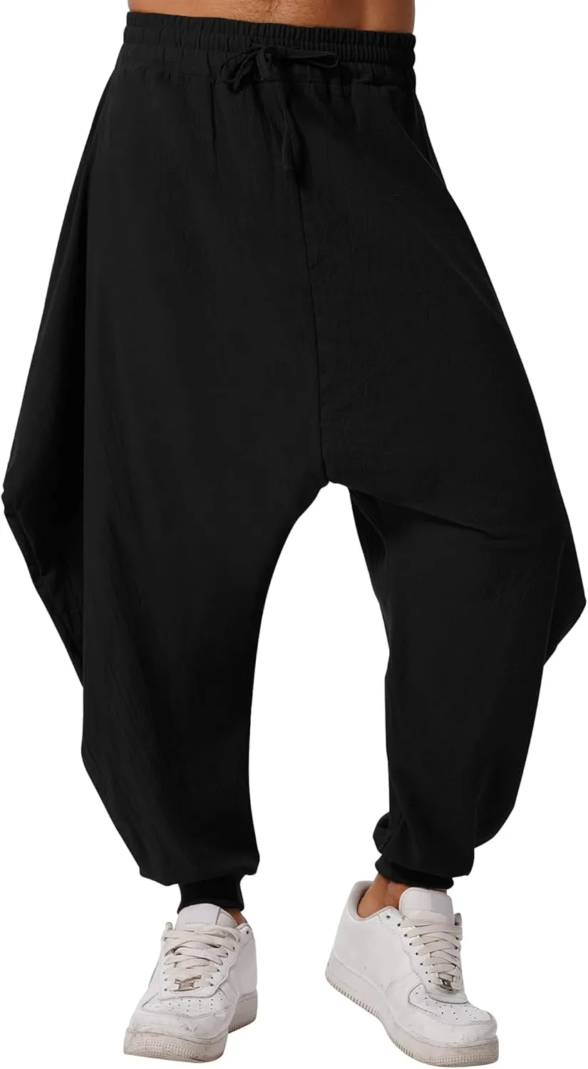 ODIZLI Men Leggings Retro Casual Fashion Design Loose Baggy Harem Pants with Pockets Trousers