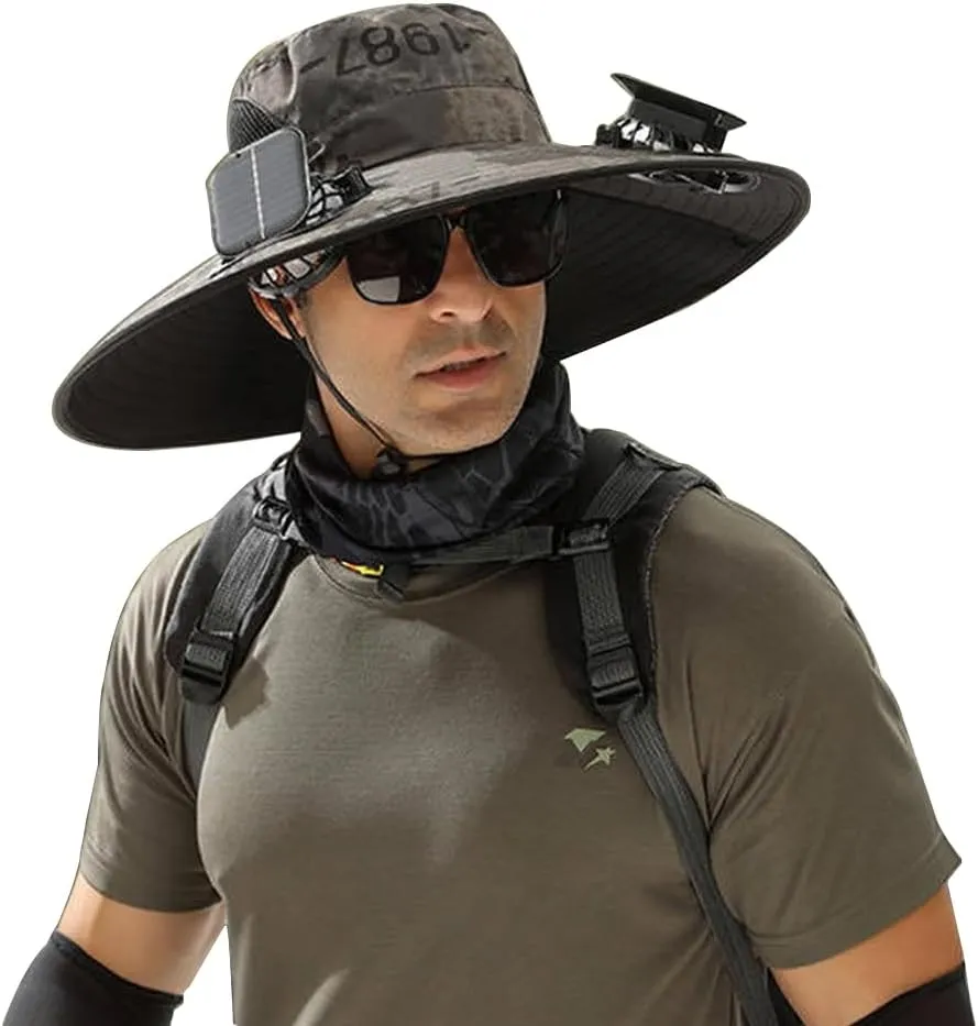 Outdoor Solar Fan Hat for Adults,Anti UV Wide Brim Hat with 2 Solar Fan with Solar Powered and USB Charging, Hiking Fishing & Beach Cap Camouflage Green