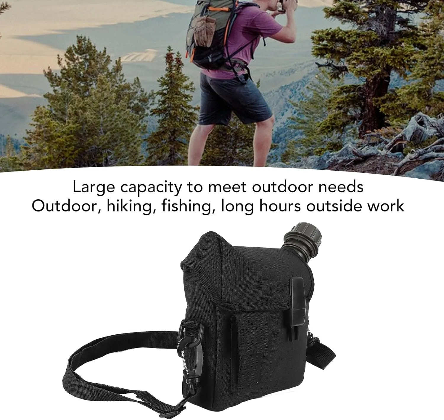 Outdoor Water Canteen, 1.5L Large Capacity Outdoor Water Bottle Handheld Portable Flat Camping with D Shaped Buckle & Adjustable Strap Buckle for Camping, Backpacking, Hiking (Black)