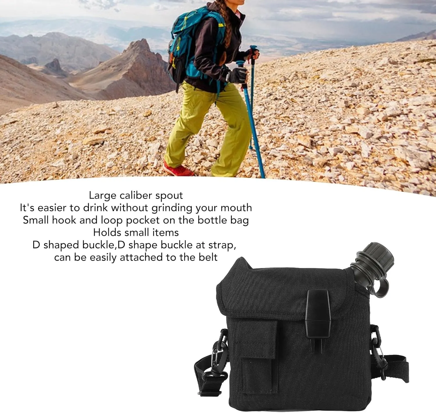 Outdoor Water Canteen, 1.5L Large Capacity Outdoor Water Bottle Handheld Portable Flat Camping with D Shaped Buckle & Adjustable Strap Buckle for Camping, Backpacking, Hiking (Black)