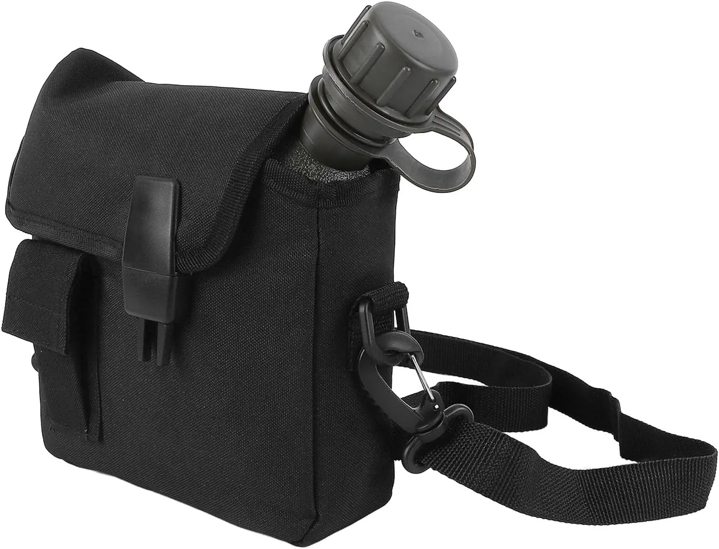 Outdoor Water Canteen, 1.5L Large Capacity Outdoor Water Bottle Handheld Portable Flat Camping with D Shaped Buckle & Adjustable Strap Buckle for Camping, Backpacking, Hiking (Black)