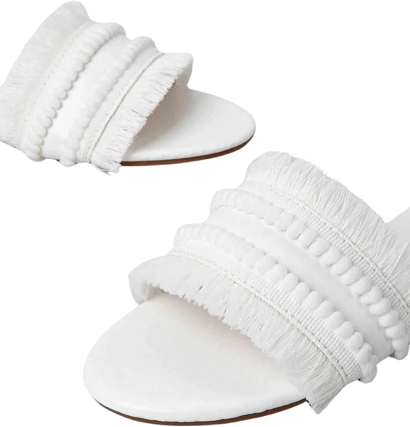 OYOANGLE Women's Fringe Trim Satin Open Toe Flat Slide Sandals Summer Casual Slip on Dressy Sandals