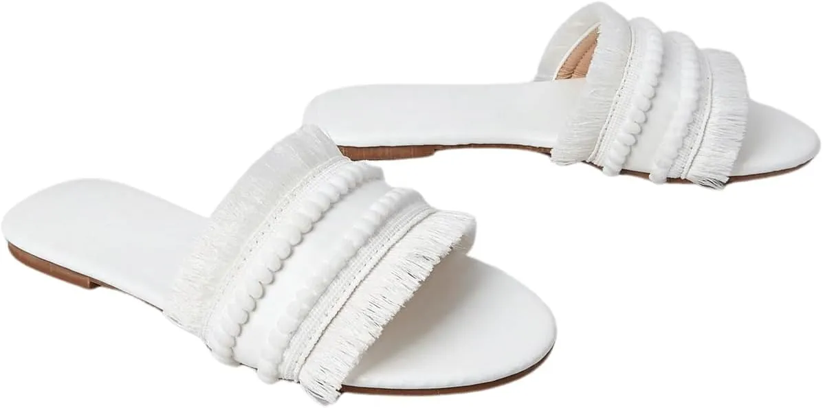 OYOANGLE Women's Fringe Trim Satin Open Toe Flat Slide Sandals Summer Casual Slip on Dressy Sandals