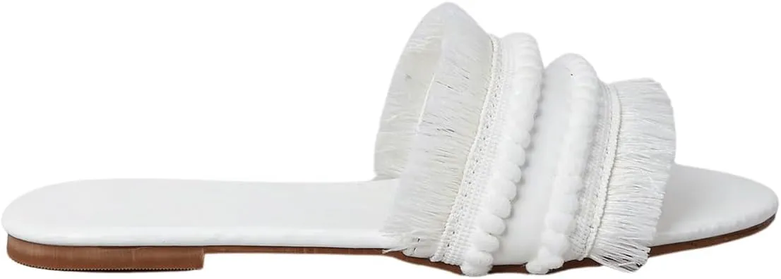 OYOANGLE Women's Fringe Trim Satin Open Toe Flat Slide Sandals Summer Casual Slip on Dressy Sandals