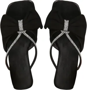 OYOANGLE Women's Rhinestone Bow Open Toe Corduroy Flat Sandals Summer Casual Slide Sandals