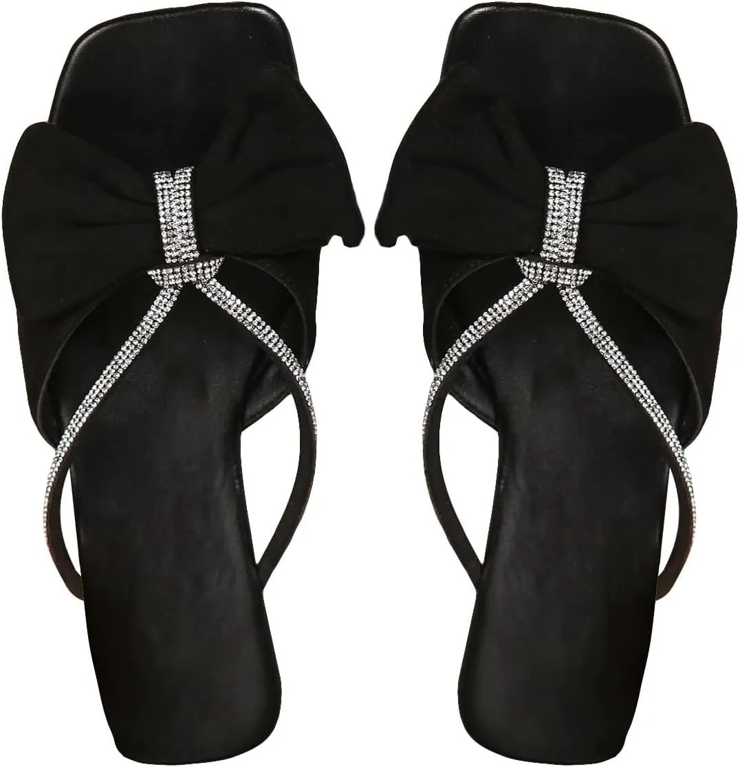 OYOANGLE Women's Rhinestone Bow Open Toe Corduroy Flat Sandals Summer Casual Slide Sandals