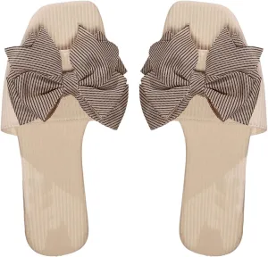 OYOANGLE Women's Striped Bow Flat Sandals Square Open Toe Casual Outdoor Slide Sandals