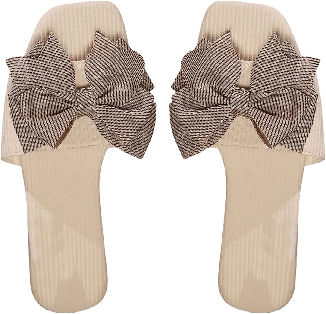 OYOANGLE Women's Striped Bow Flat Sandals Square Open Toe Casual Outdoor Slide Sandals