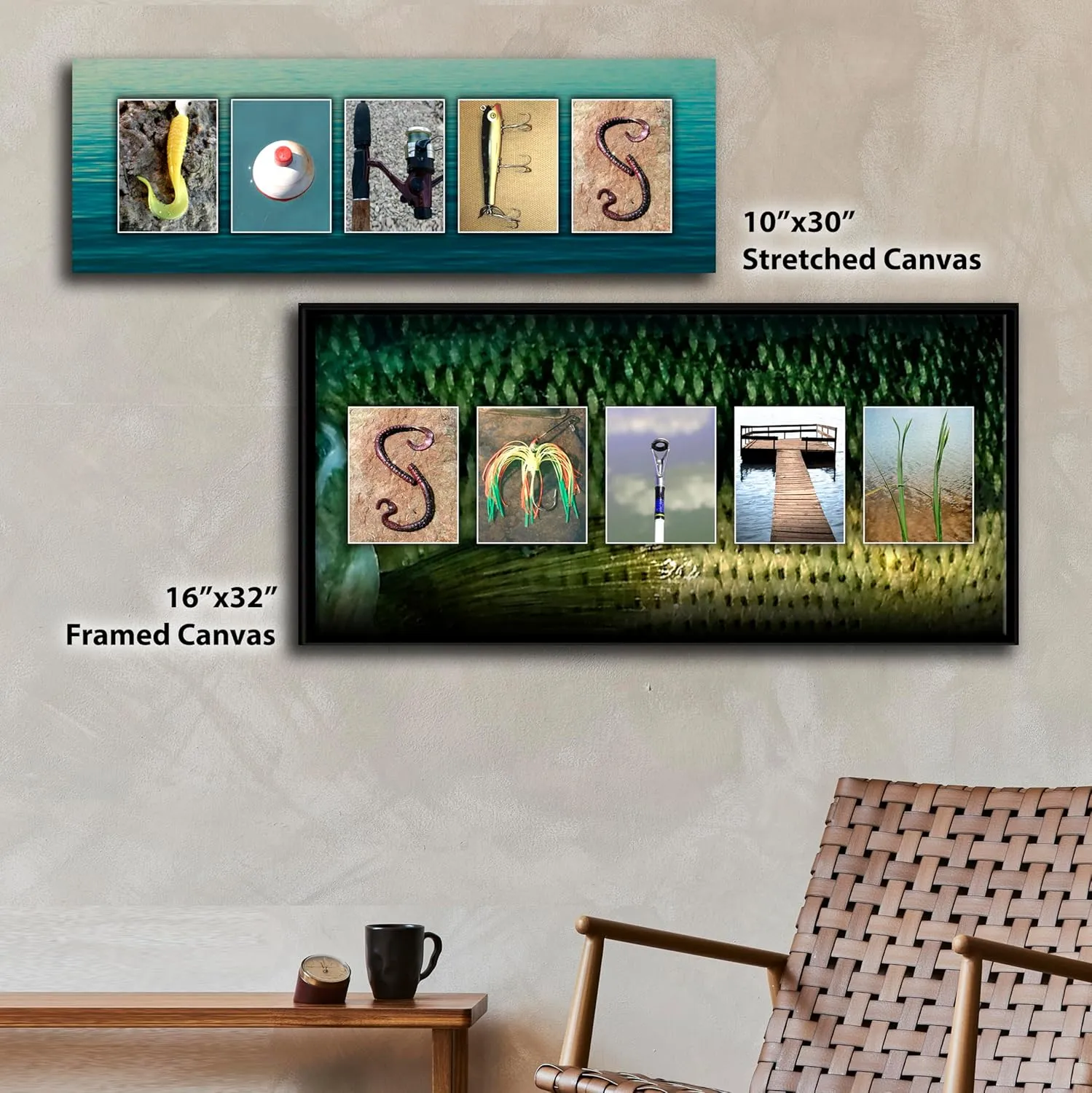 Personalized Fishing Name Alphabet Art - Perfect for The Man cave, Office, or Boy's Room. (Block Mount - 6.5 x 18)