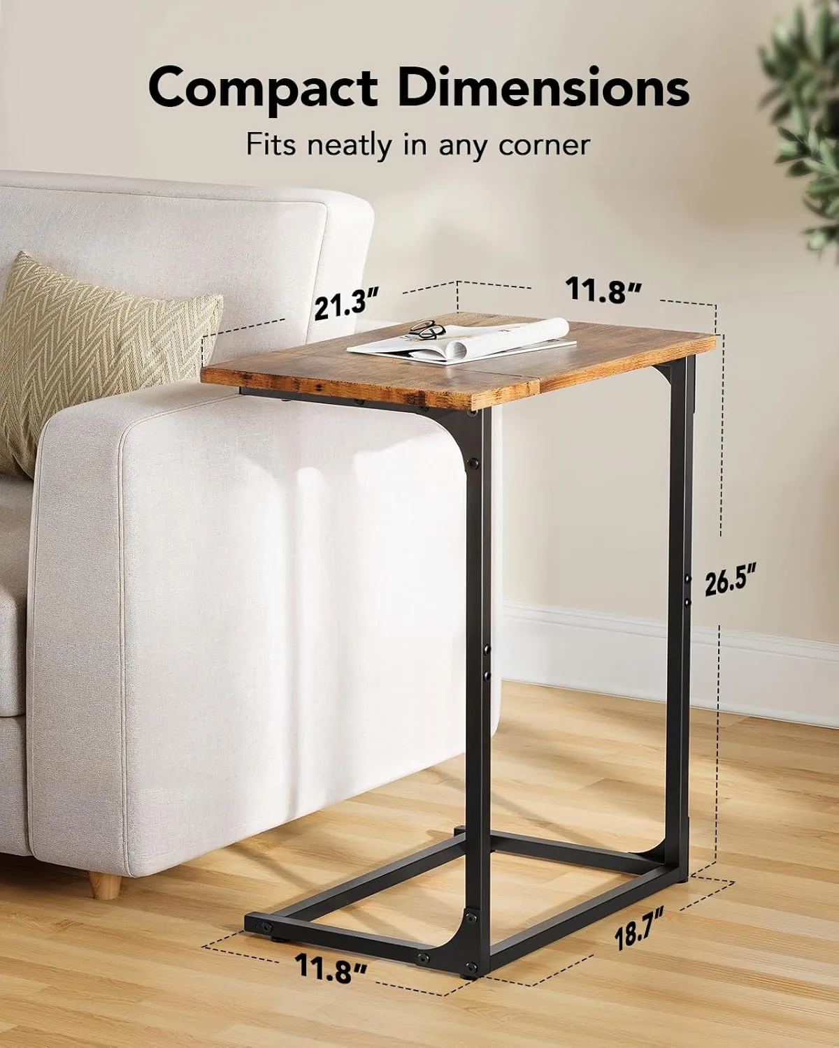 Pipishell C-Shaped Side Table, C-Table for Sofa, End Table with Metal Frame, Large Surface Couch Table for Living Room, Bedroom, and Home Office, Rustic Design, PIET11V