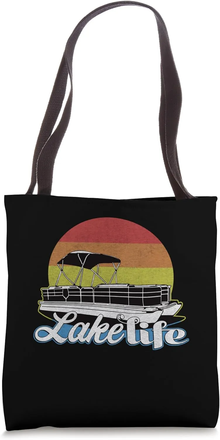 Pontoon Boating Lake Life Boat Retro Sunset Design Tee Tote Bag