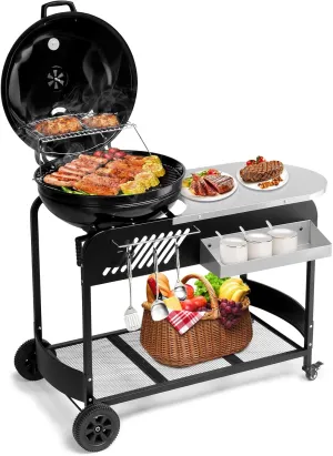 Portable BBQ Charcoal Grill with Cart, Porcelain-Enameled Lid & Slide Out Ash Catcher Thermometer for Barbecue Camping Outdoor, Picnic, Backyard