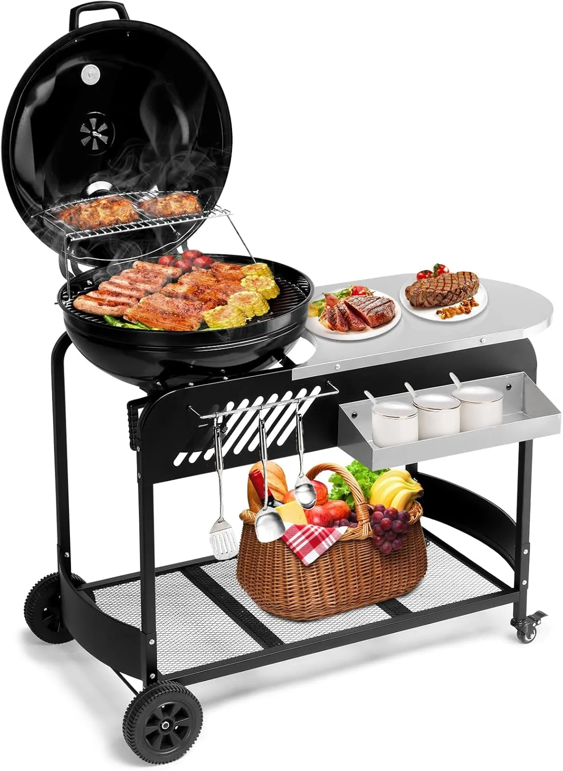 Portable BBQ Charcoal Grill with Cart, Porcelain-Enameled Lid & Slide Out Ash Catcher Thermometer for Barbecue Camping Outdoor, Picnic, Backyard
