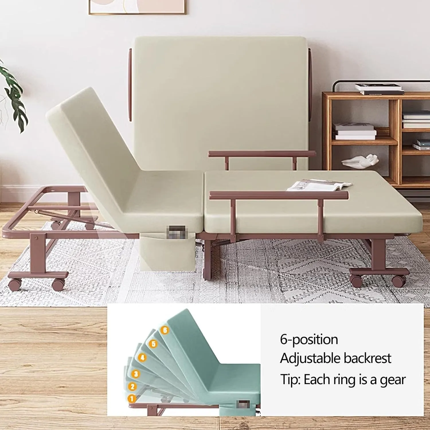 Portable Bed for Adults with 360° Casters Camping Bed Emergency Cot Guest Beds Six Speed Adjustable Backrest Space Saving Folding Bed(Green,190 * 100 * 36cm)
