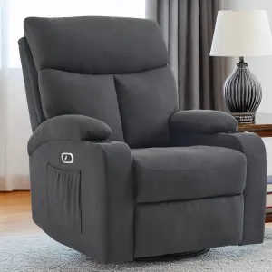 Power Swivel Rocker Recliner Massage Chair for Adults, Electric Rocking Recliner Glider Chairs for Living Room with USB and Type-C Ports,Fabric Reclining Sofa Chair (Charcoal Gray)