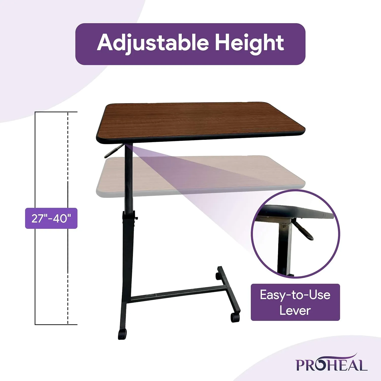ProHeal Medical Overbed Table with Wheels and Adjustable Height - Cherry Rolling Over Bed Table for Home and Hospital Use