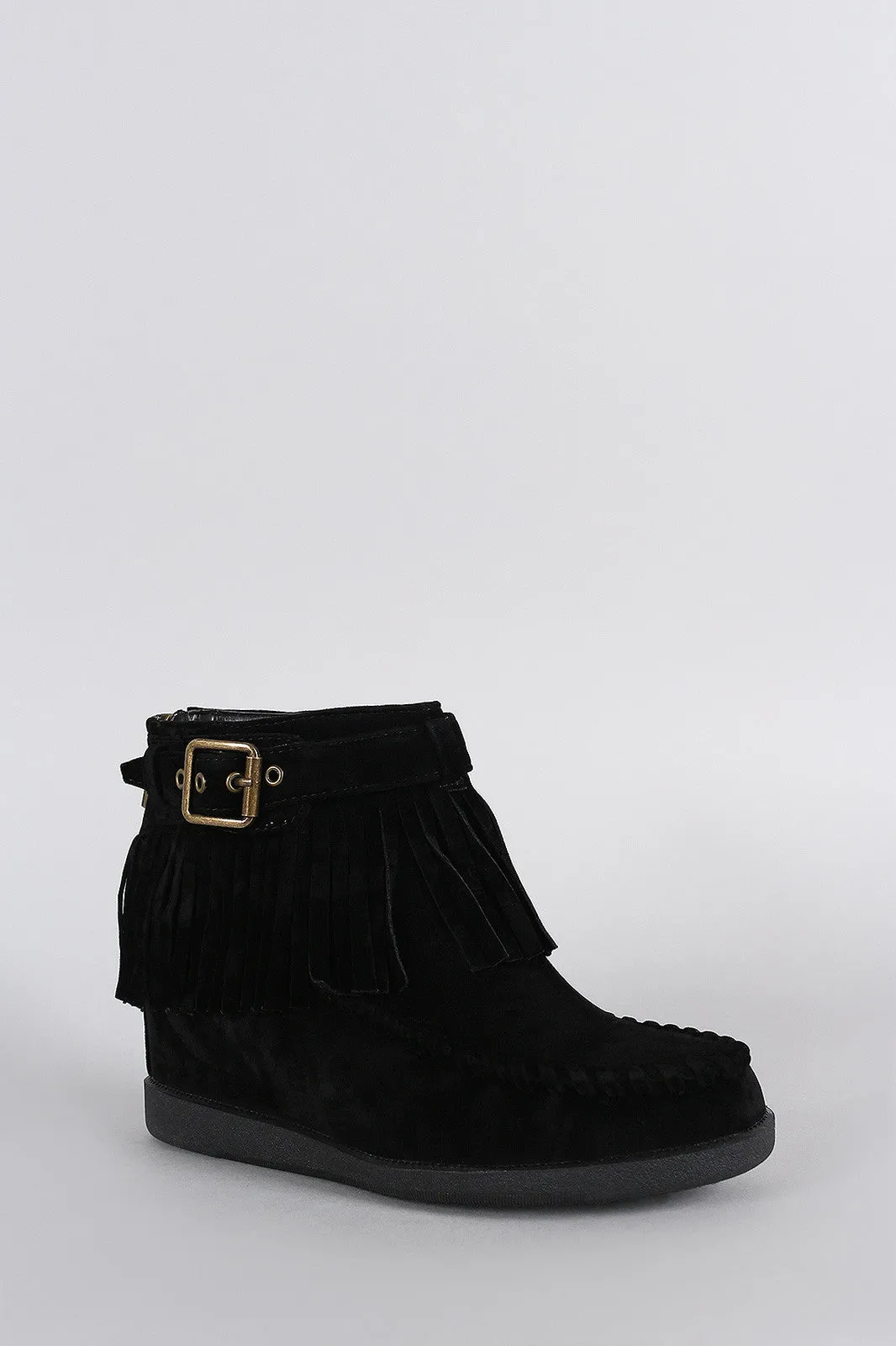 Quick delivery Buckle Hidden Big offer Booties Wedge Moccasin Fringe Bamboo