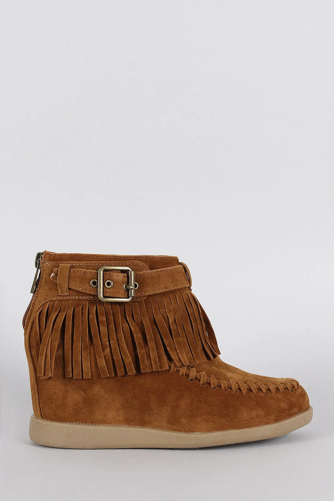 Quick delivery Buckle Hidden Big offer Booties Wedge Moccasin Fringe Bamboo