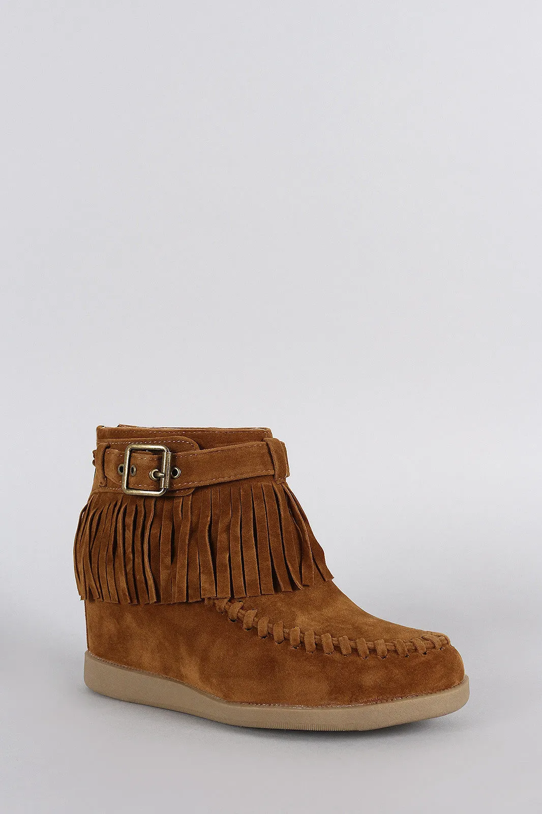 Quick delivery Buckle Hidden Big offer Booties Wedge Moccasin Fringe Bamboo