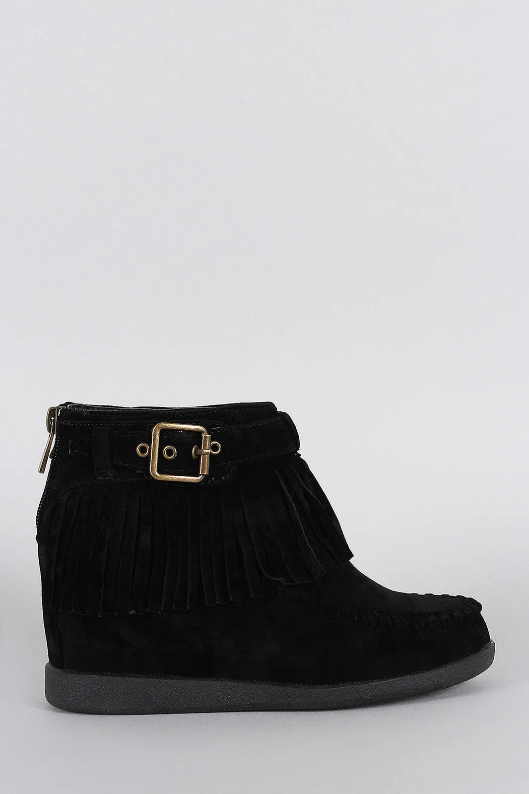 Quick delivery Buckle Hidden Big offer Booties Wedge Moccasin Fringe Bamboo