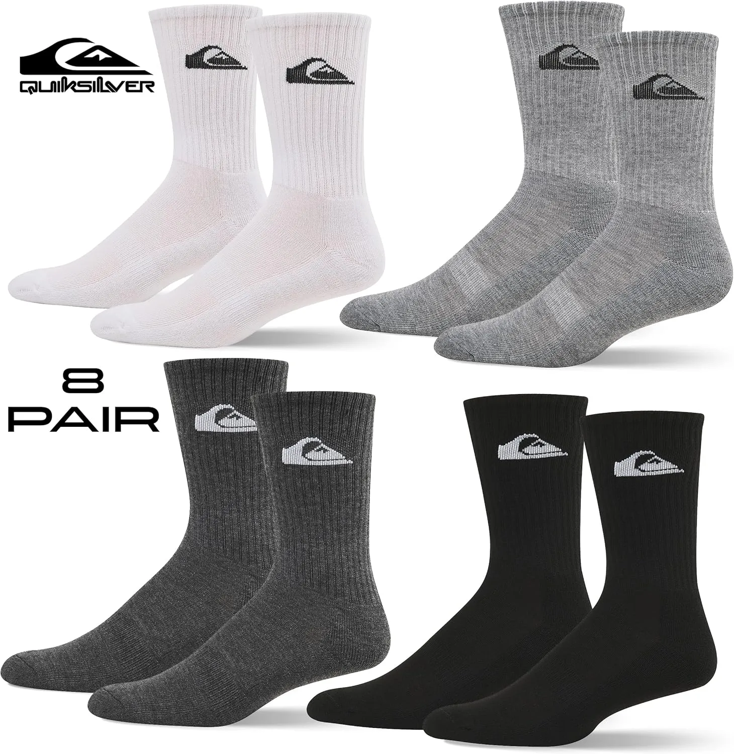 Quiksilver Mens Socks 8 Pairs Crew Socks for Men Premium Athletic Shoe Size 8-12