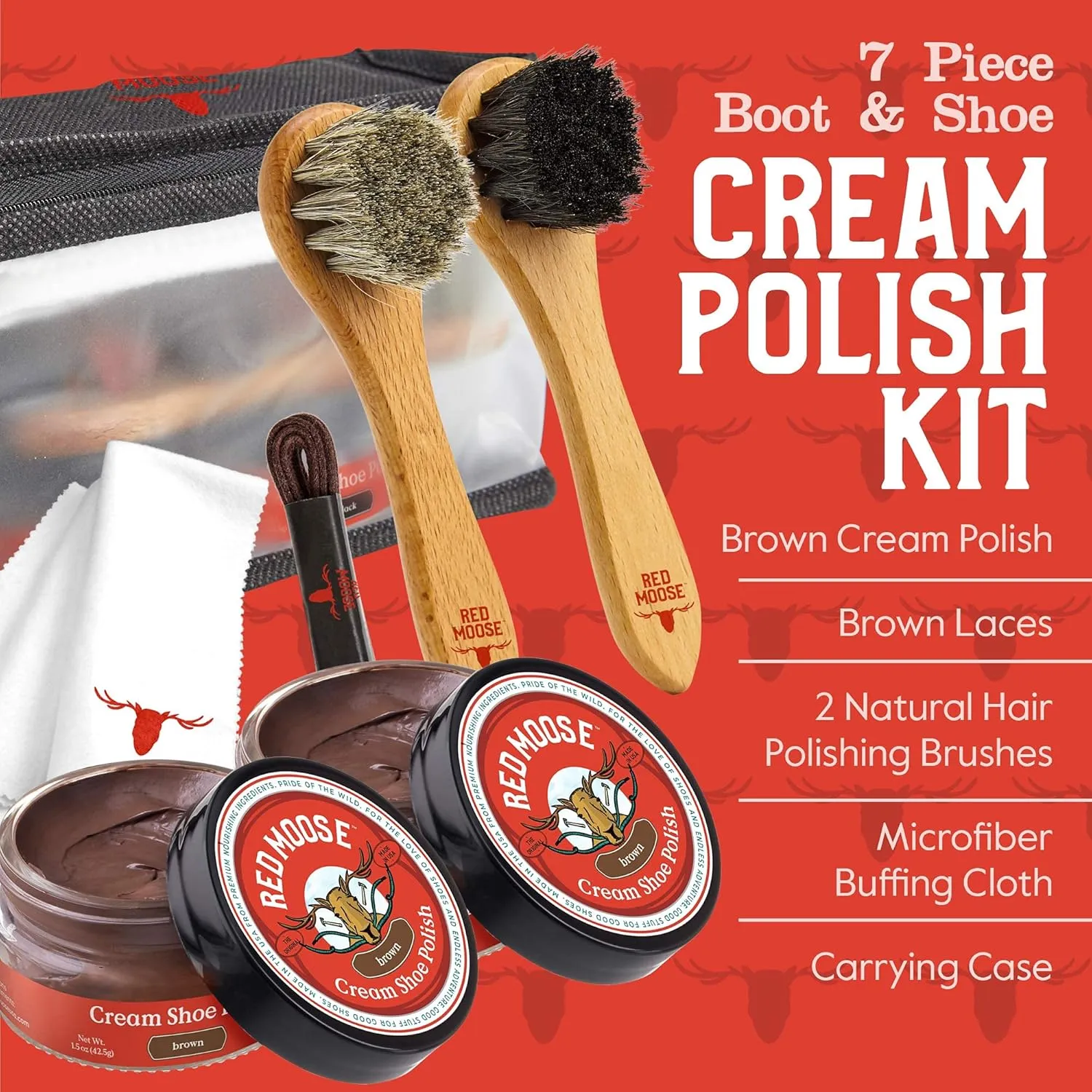 RED MOOSE 7pc Brown Leather Shoe and Boot Polish Kit – Brushes, Cloth, Case, Laces