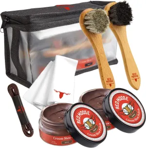 RED MOOSE 7pc Brown Leather Shoe and Boot Polish Kit – Brushes, Cloth, Case, Laces