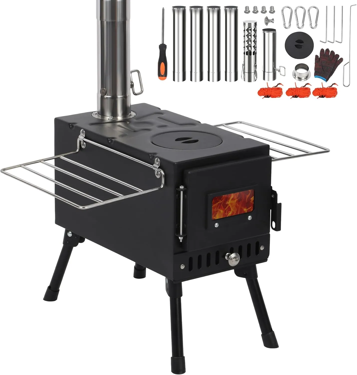 REDCAMP Hot Tent Stove, Camping Wood Stove Alloy Steel Wall Tent Stove, Portable Wood Burning Stove with Stainless Steel Sectional Chimney Pipes and 3 Pcs Tent Ropes for Camping, Cooking, Ice Fishing
