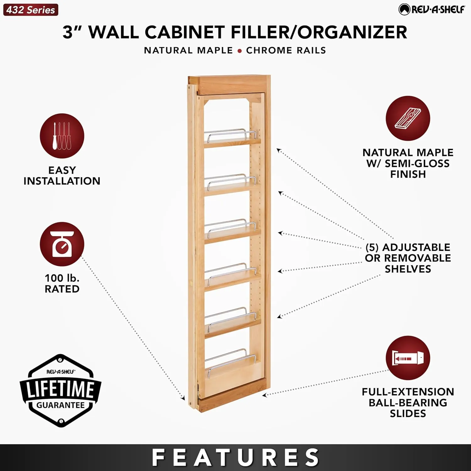 Rev-A-Shelf 3" W x 42" H Pull Out Quad Shelf Organizer for Wall & Base Kitchen Cabinets, Full Extension Filler Spice Rack, Adjustable, Wood, 432-WF42-3C