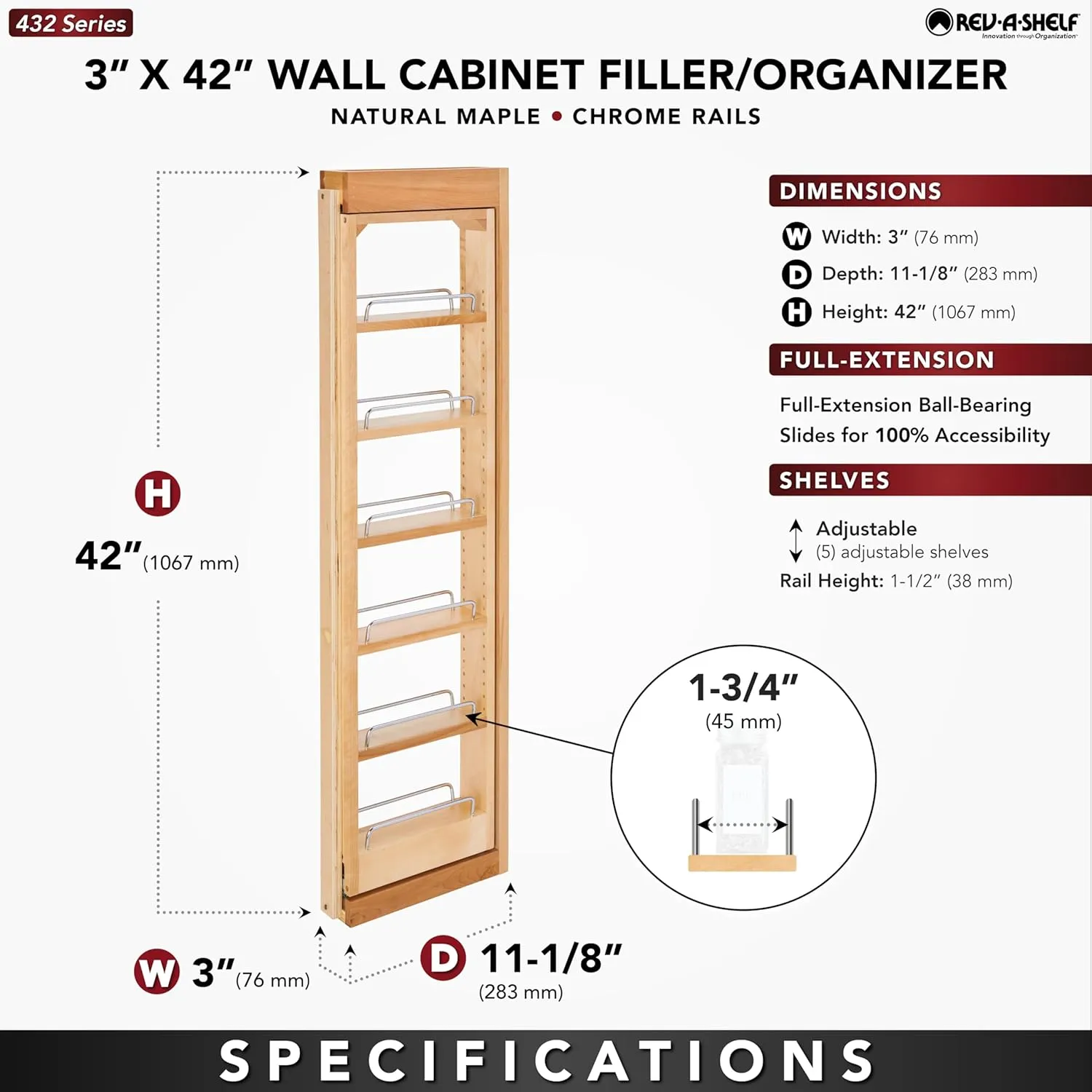 Rev-A-Shelf 3" W x 42" H Pull Out Quad Shelf Organizer for Wall & Base Kitchen Cabinets, Full Extension Filler Spice Rack, Adjustable, Wood, 432-WF42-3C