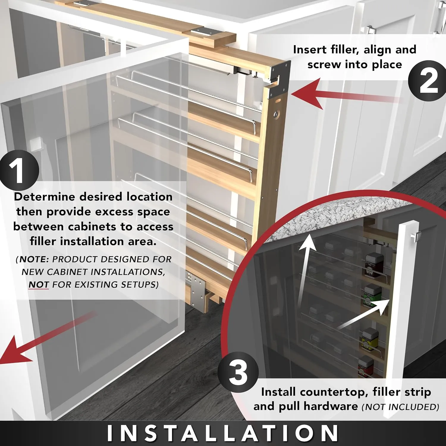 Rev-A-Shelf 3" W x 42" H Pull Out Quad Shelf Organizer for Wall & Base Kitchen Cabinets, Full Extension Filler Spice Rack, Adjustable, Wood, 432-WF42-3C