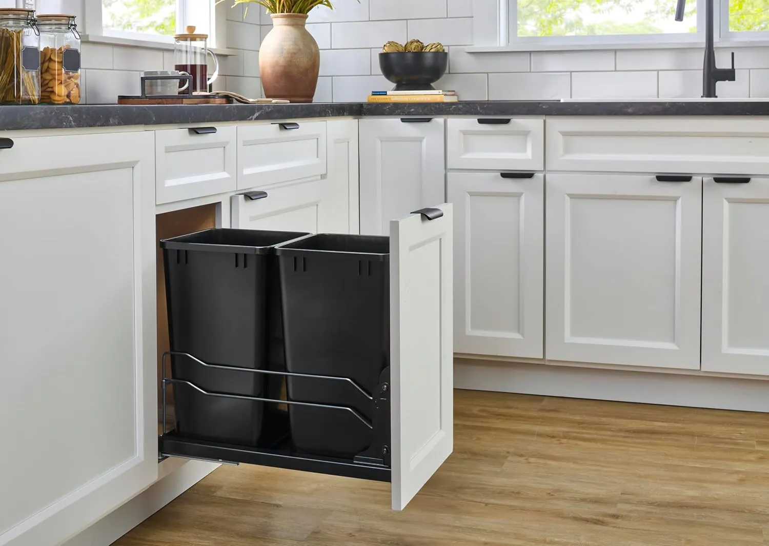 Rev-A-Shelf Double Pullout Trash Can for Base Kitchen Cabinets 27 Quart 12.5 Gallon with Soft-Close Slides, Metallic Silver, 53WC-1527SCDM-217
