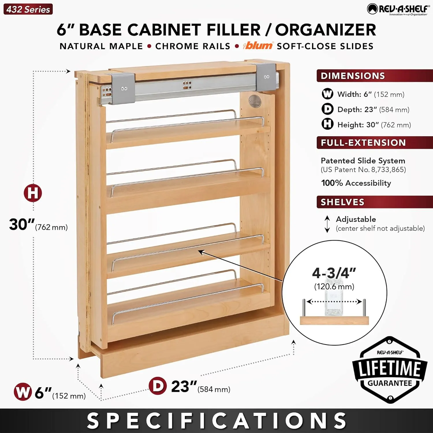 REV-A-SHELF FILLER, BASE, BLUM SLIDE 3-SH 6"W X 23D