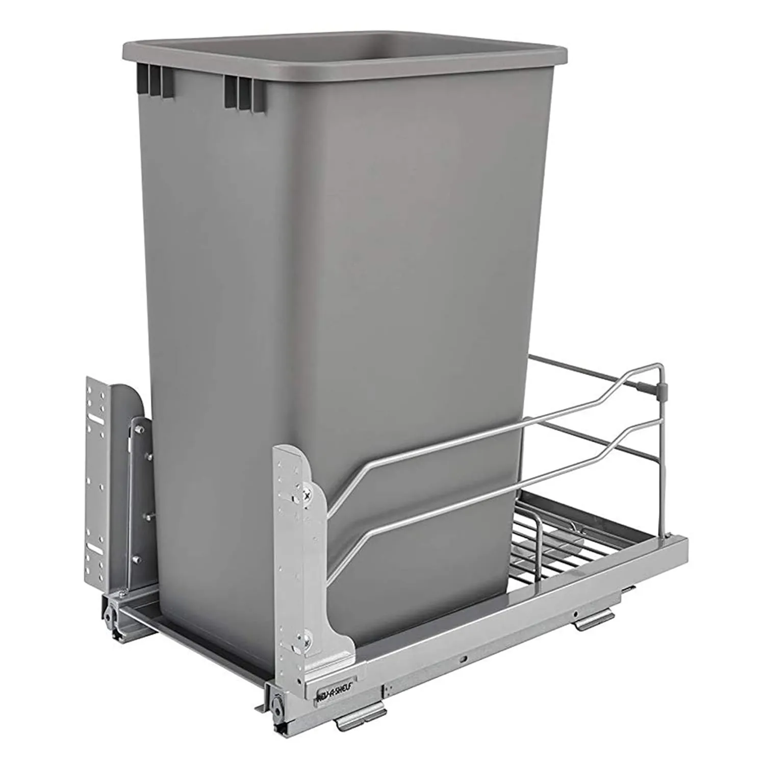 Rev-A-Shelf Pullout Trash Can for Full-Height Kitchen Cabinets 50 Quart 12.5 Gallon with Soft-Close Slides and Storage, Silver, 53WC-1550SCDM-117
